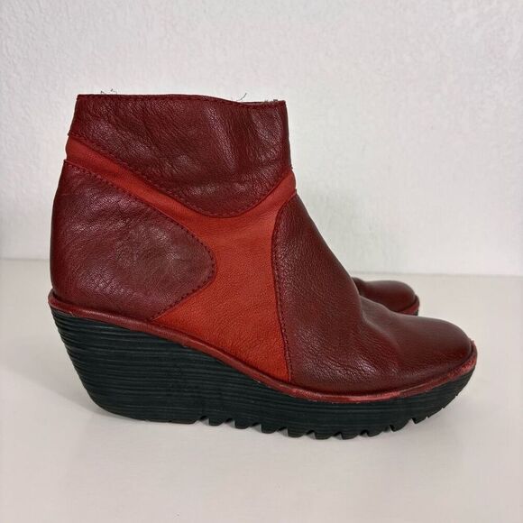 Fly London Red Leather Mid Calf Wedge Booties Size 8-8.5 - Picture 6 of 10